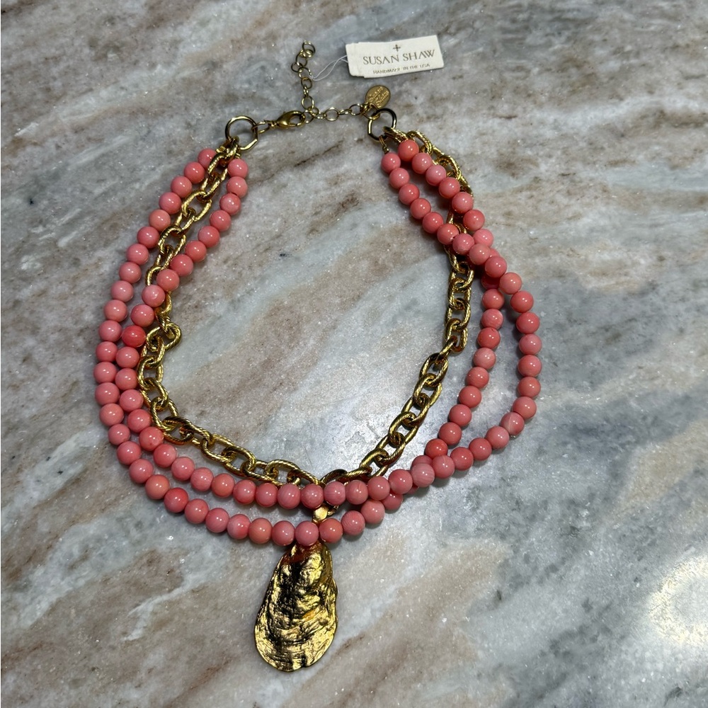 NWT SUSAN SHAW Pink and Gold Beaded Oyster Necklace - Picture 4 of 6